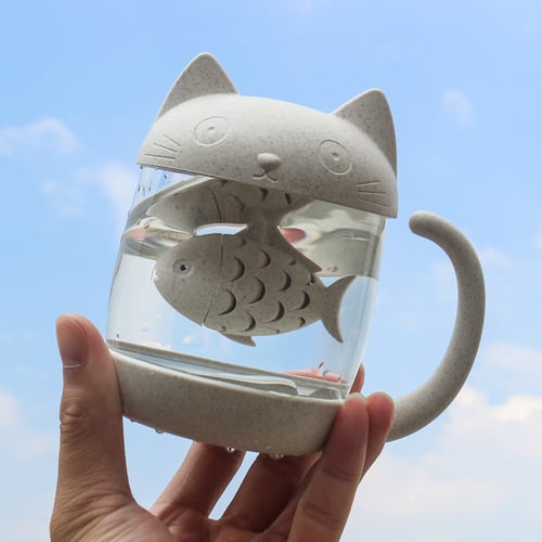 Kitten and fish teacup mug water cup cute and strange glass cup with lid